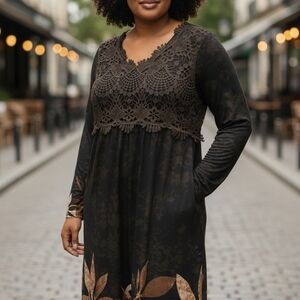 Elegant Long Sleeve Black and Brown Dress With Lace Detail Size 2XL